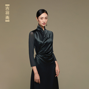 吉祥斋女装鸳鸯锦系带连衣裙秋冬中国风礼服宫廷风聚会专柜正品