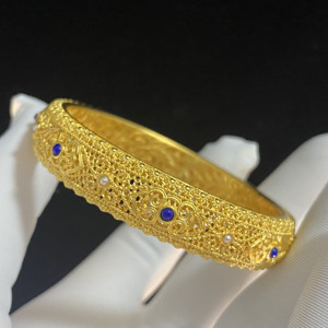 宫廷风足金999古法黄金手镯皇后花丝镂空镶嵌红玛瑙绿松定制传承