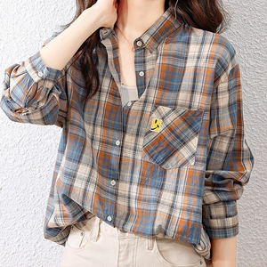 棉质格子衬衫女港风秋季新款韩版长袖设计感小众中长款上衣外套潮