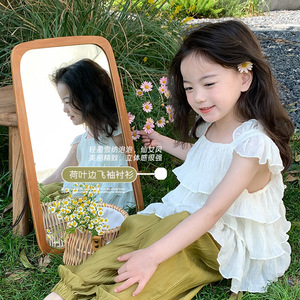 韩国女童衬衫夏季儿童法式时髦方领雪纺娃娃衫女孩荷叶花边上衣潮