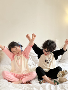 韩国儿童睡衣春夏季男女童卡通撞色莫代尔家居服小孩舒适居家套装