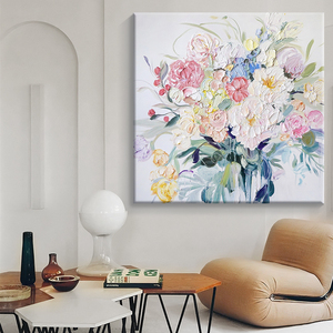 抽象彩色花卉厚肌理手绘油画客厅高级感装饰画玄关正方形无框挂画