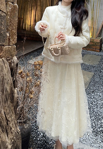 中式芭蕾国风米白宽松蕾丝提花多层仙女松紧显瘦中长半身蛋糕纱裙