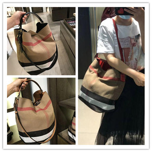 正品代购经典帆布格纹水桶包千颂伊同款女包单肩斜挎手提包子母包