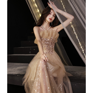 香槟色晚礼服女性感抹胸宴会气质名媛年会轻奢小众高端生日连衣裙