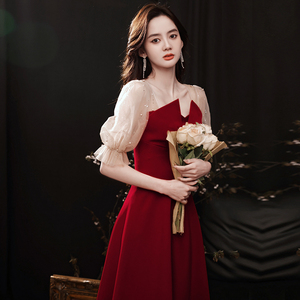 酒红色敬酒服新娘秋季结婚礼服女简约大质回门平时可穿订婚连衣裙