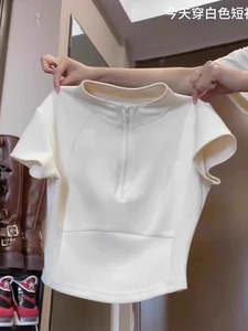 美式白色立领短袖t恤女夏季显瘦2024年新款搭配工装裤的短款上衣