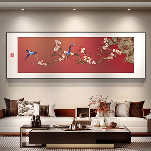 喜上枝头客厅装饰画新中式高级感沙发背景墙挂画横幅喜庆花鸟壁画
