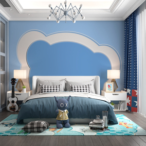 男孩房壁布 蓝色墙布清爽壁纸 卧室床头背景墙纸 卡通儿童房壁布