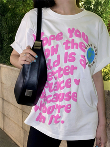 韩国noko夏季欧阳娜娜同款男女短袖地球笑脸涂鸦字母印花情侣t恤