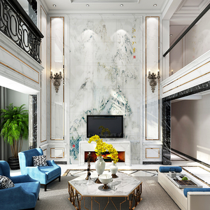新中式复式楼中空客厅电视背景墙瓷砖微晶石玄关别墅影视墙造型