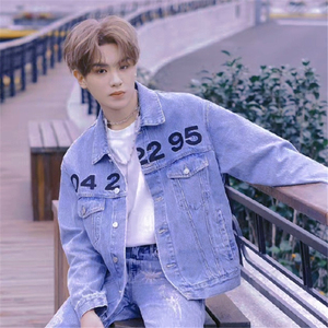 黄明昊同款数字牛仔外套韩版翻领长袖宽松气质时尚开衫上衣男女潮