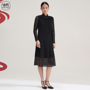 distin kidny/迪凯冬季新款蕾丝修身显瘦魔术连衣裙女压褶荷叶边