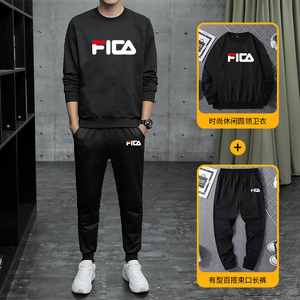 斐乐韩版春秋休闲运动套装男宽松圆领套头卫衣加绒长袖长裤两件套