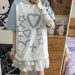 蓝色拼接白色短袖T恤女装二次元y2k日系软妹上衣学生ins可爱甜美