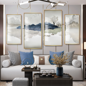 客厅装饰画晶瓷画新中式抽象水墨山水画四联沙发背景墙装饰画