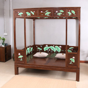 古子老式古典拔步床架柱工千仿古床四榆木床中式八步明清荷花描绘