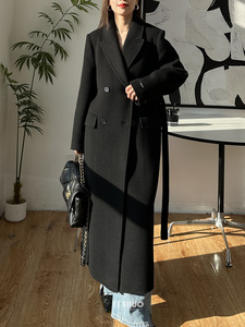 韩版高端黑色双面加厚加长羊毛羊绒大衣灰色西装领长款毛呢外套女