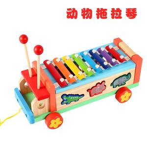 儿童益智早教木质玩具 多功能动物拖拉车八音琴卡通手敲琴定制
