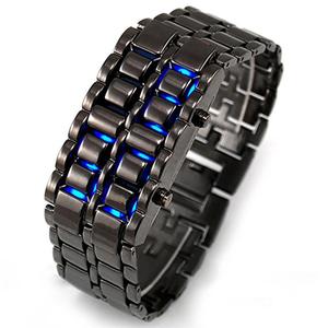厂家现货熔岩钢带LED手表创意学生黑银红蓝led灯男款金属合金手表