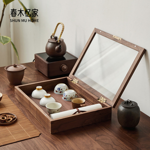 黑胡桃木桌面收纳盒防尘透明玻璃展示盒家用日式茶杯标本陈列盒