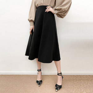 花铭宽松气质黑色拼接大摆半身裙女a字高腰中长款拉链赫本风伞裙