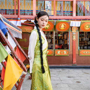 改良版藏风 淡青色长袖清新连衣裙夏女 文艺少女森系西藏服长裙