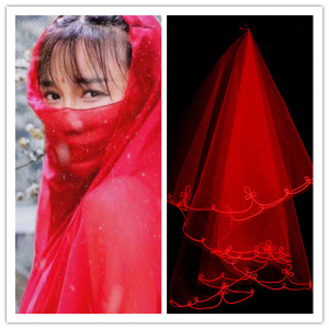 汉服拍照头纱红色网红道具女古风头饰新娘李子柒同款围巾面纱复古