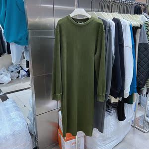 mocha韩国宽松慵懒气质中长款过膝休闲百褶连衣裙女秋冬长袖裙子