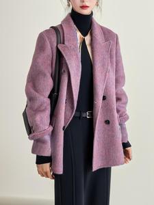 短款粉紫色双面羊绒西装大衣赫本风韩系气质毛呢外套女秋冬高级感