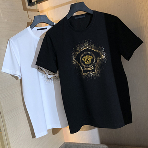 潮牌短袖t恤男丝光棉烫金烫钻时尚百搭瓦萨琪大牌夏季白色半袖薄