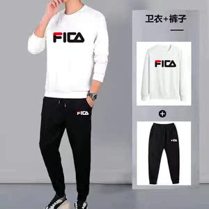 潮品斐乐春秋休闲运动套装男宽松韩版圆领卫衣加绒长袖长裤两件套