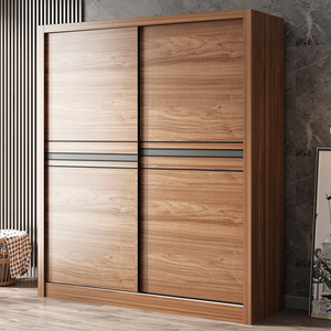 宜家推拉门衣柜 胡桃木色移门卧室整体趟门柜子 新中式组装大