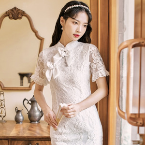 很仙的旗袍改良白色蕾丝连衣裙法式轻婚纱小礼服领证登记小白裙夏