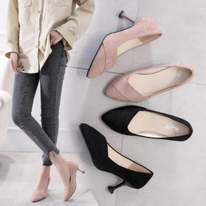 百搭柔软高跟鞋女夏天配裙子秀气舒服拍照小个子平绒便宜女孩韩式