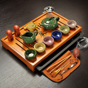 景德镇功夫茶具茶台实木家用紫砂茶杯整套套装陶瓷冰裂竹子茶壶茶