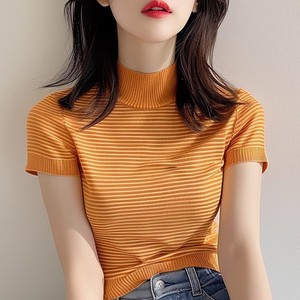 南瓜橘色条纹半高领短袖毛衣针织衫夏季短款修身内搭冰丝t恤女夏