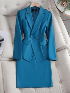 韩国西装套装女春秋艺考播音主持人职业正装套裙孔雀蓝西服两件套