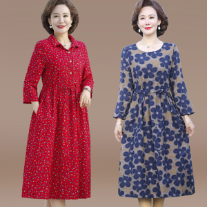 妈妈长袖连衣裙女中老年人中袖棉麻裙子大码收腰遮肚子显瘦大摆裙