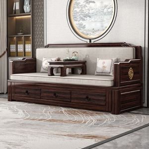 新中式紫金檀木实木抽拉式可以伸缩折叠坐卧两用罗汉床实木沙发床