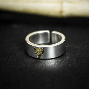 原创设计复古开口虎头戒指黄金老虎素圈送男友礼物手工制作食指环