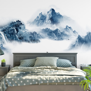 定制新中式墙布水墨山水电视背景墙绘壁画高山流水古风壁纸墙纸