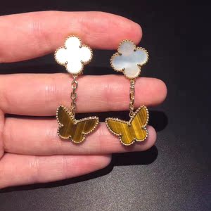 van cleef & arpels/梵克雅宝耳钉18k玫瑰金蝴蝶虎眼石女士耳环