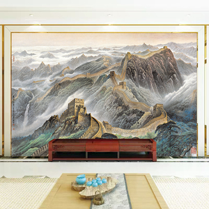 万里长城国画电视背景墙布龙抬头山水壁纸办公室壁画客厅大堂墙纸