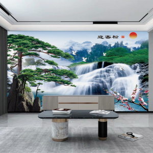 迎客松电视背景墙壁纸山水风景新中式客厅墙纸影视墙布装饰8d壁画