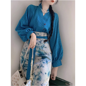 新中式国风汉元素改良明制汉服蓝色连衣裙子女茶系穿搭一整套春装