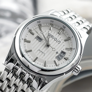 weiqin时装表双日历星期商务古典经典男表钢带复古石英手表男防水