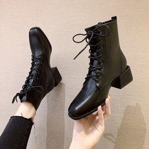 belle/百丽官网正品马丁靴女英伦风短靴2021春秋季新款粗跟系带学