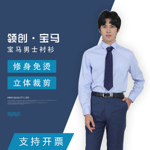 领创宝马4S店销售修身男士长袖衬衫工装工作服职业商务男蓝色衬衣