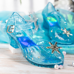 迪士尼爱莎公主鞋女童发光水晶鞋灰姑娘玻璃鞋儿童软底高跟鞋水钻